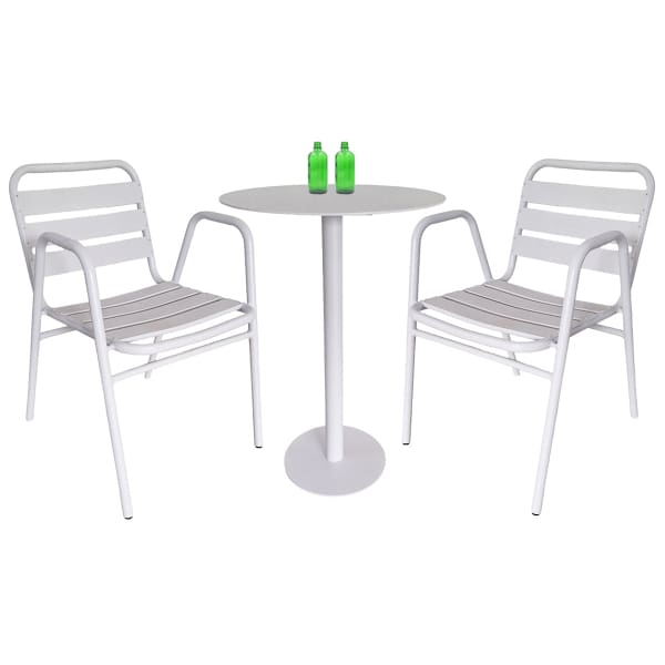 This is a product image of Kochi Outdoor 2 Chairs & Bistro Table Set in White. It can be used as an Outdoor Furniture.