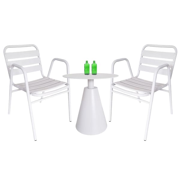 This is a product image of Kochi Outdoor 2 Chairs & Coffee Table Set in White. It can be used as an Outdoor Furniture.